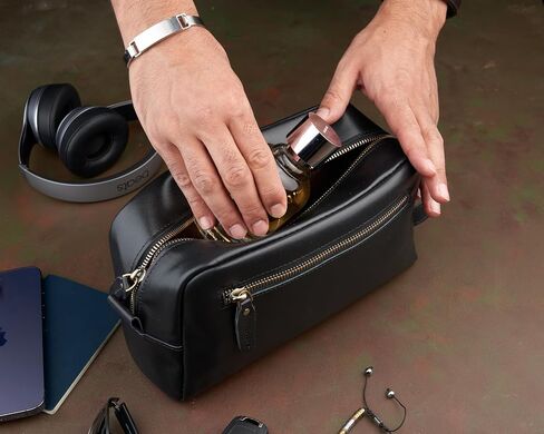 Awesometik Unisex Premium Travel Bag - Toiletries Organizer Case for Grooming, Jewelry - Travel Essentials Shaving Dopp Kit - Geniune Leather Water Resistant Cosmetic Bag For Men, Women (Black) in Saudi Arabia
