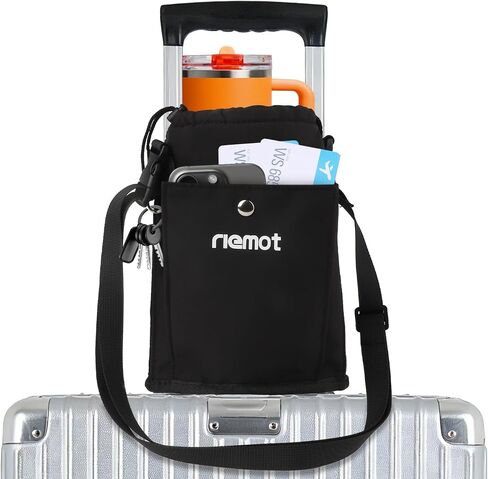 riemot Luggage Cup Holder with Strap, Travel Drink Holder with Phone Pocket, Hands Free Suitcase Drink Carrier Fits Stanley 40oz Cups, Luggage Accessories for Travel Airport Convenience in Saudi Arabia