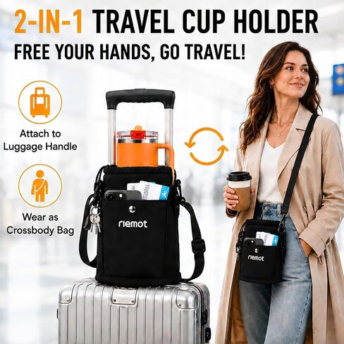 riemot Luggage Cup Holder with Strap, Travel Drink Holder with Phone Pocket, Hands Free Suitcase Drink Carrier Fits Stanley 40oz Cups, Luggage Accessories for Travel Airport Convenience in Saudi Arabia