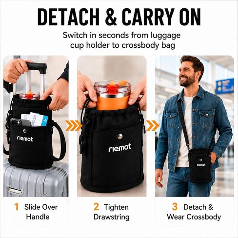 riemot Luggage Cup Holder with Strap, Travel Drink Holder with Phone Pocket, Hands Free Suitcase Drink Carrier Fits Stanley 40oz Cups, Luggage Accessories for Travel Airport Convenience in Saudi Arabia