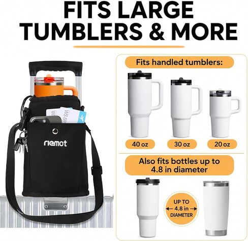 riemot Luggage Cup Holder with Strap, Travel Drink Holder with Phone Pocket, Hands Free Suitcase Drink Carrier Fits Stanley 40oz Cups, Luggage Accessories for Travel Airport Convenience in Saudi Arabia