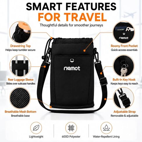riemot Luggage Cup Holder with Strap, Travel Drink Holder with Phone Pocket, Hands Free Suitcase Drink Carrier Fits Stanley 40oz Cups, Luggage Accessories for Travel Airport Convenience in Saudi Arabia