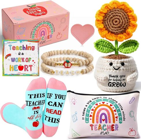 U-Goforst Teacher Appreciation Gifts for Women, Gifts for Teachers, Teacher Gifts Supplies with Makeup Bags Crochet Sunflower Bookmark Bracelet Socks for Teacher Appreciation in Saudi Arabia