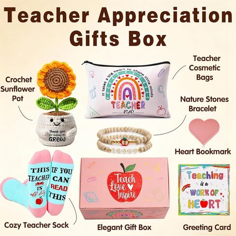 U-Goforst Teacher Appreciation Gifts for Women, Gifts for Teachers, Teacher Gifts Supplies with Makeup Bags Crochet Sunflower Bookmark Bracelet Socks for Teacher Appreciation in Saudi Arabia
