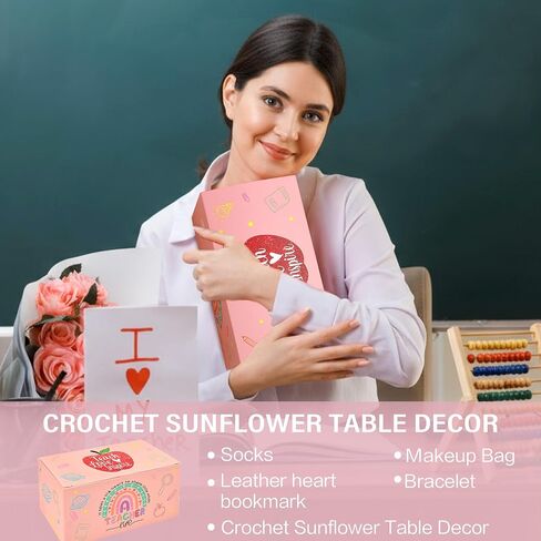 U-Goforst Teacher Appreciation Gifts for Women, Gifts for Teachers, Teacher Gifts Supplies with Makeup Bags Crochet Sunflower Bookmark Bracelet Socks for Teacher Appreciation in Saudi Arabia