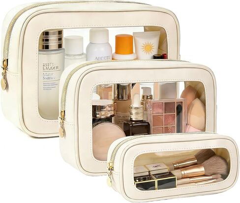 3-Piece Travel Clear Makeup Bag Set, Small Large Clear Cosemetic Bag with Makeup Brush Bag Waterproof Makeup Pouch with Zipper Toiletry Bags For Traveling Car Accessories for Women (White Set) in Saudi Arabia