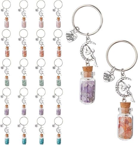 DICOSMETIC 20Pcs 5 Styles Glass Wish Bottle Keychain with Fairy Charms Gemstone Bottle Keychain Split Key Rings with Wish Jar Filling Colorful Gem Chips Keychains for Women DIY Party Wedding Bag Decor in Kuwait