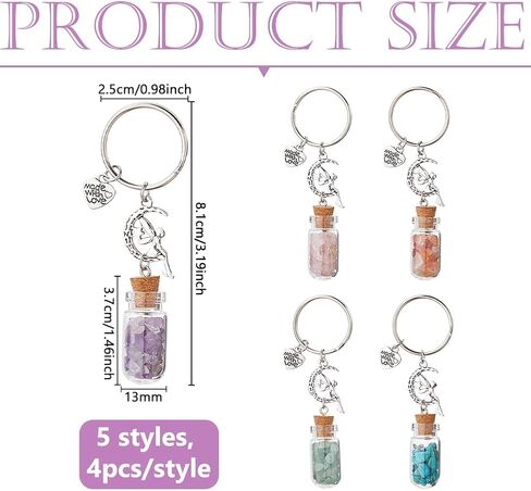DICOSMETIC 20Pcs 5 Styles Glass Wish Bottle Keychain with Fairy Charms Gemstone Bottle Keychain Split Key Rings with Wish Jar Filling Colorful Gem Chips Keychains for Women DIY Party Wedding Bag Decor in Kuwait