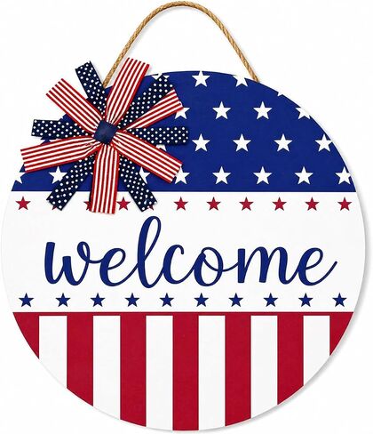 American Memorial Day Door Sign Patriotic Welcome 11.8 Inch Round Hanging Decor 250th Anniversary USA Stars Stripes Front Door Independence Day Porch Wall Decor in Kuwait