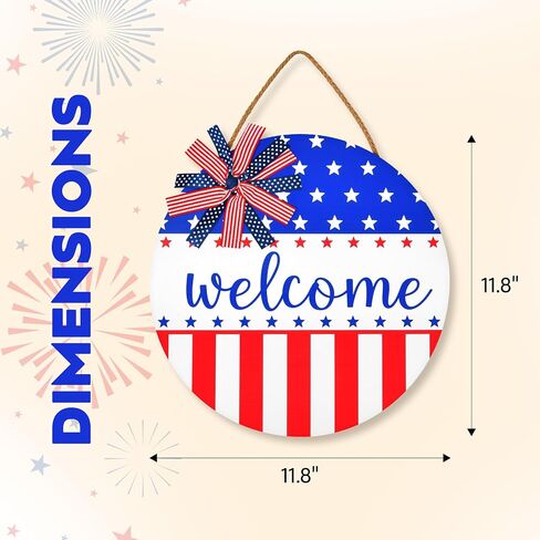 American Memorial Day Door Sign Patriotic Welcome 11.8 Inch Round Hanging Decor 250th Anniversary USA Stars Stripes Front Door Independence Day Porch Wall Decor in Kuwait