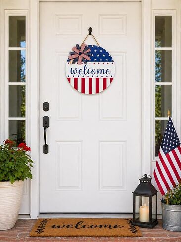 American Memorial Day Door Sign Patriotic Welcome 11.8 Inch Round Hanging Decor 250th Anniversary USA Stars Stripes Front Door Independence Day Porch Wall Decor in Kuwait