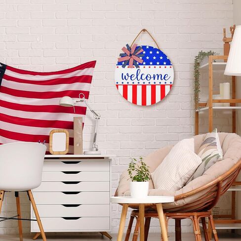 American Memorial Day Door Sign Patriotic Welcome 11.8 Inch Round Hanging Decor 250th Anniversary USA Stars Stripes Front Door Independence Day Porch Wall Decor in Kuwait