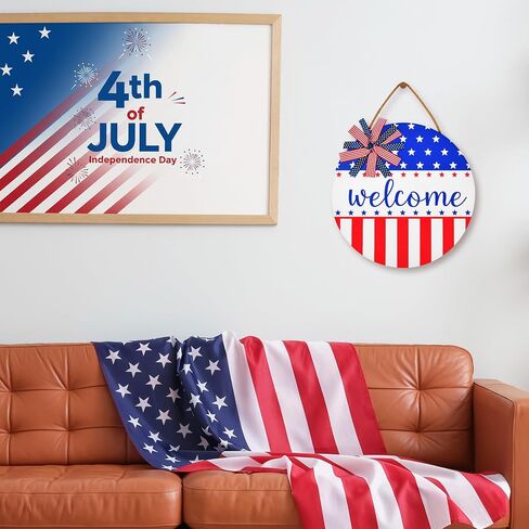 American Memorial Day Door Sign Patriotic Welcome 11.8 Inch Round Hanging Decor 250th Anniversary USA Stars Stripes Front Door Independence Day Porch Wall Decor in Kuwait