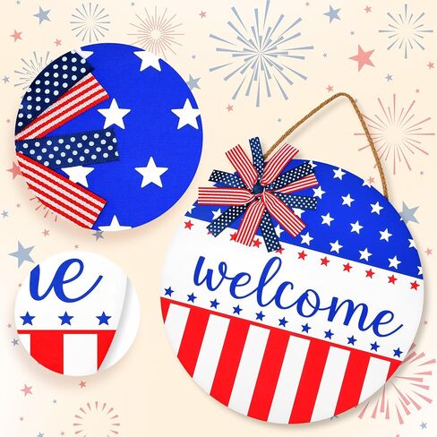 American Memorial Day Door Sign Patriotic Welcome 11.8 Inch Round Hanging Decor 250th Anniversary USA Stars Stripes Front Door Independence Day Porch Wall Decor in Kuwait