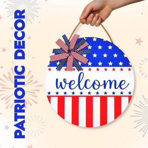 American Memorial Day Door Sign Patriotic Welcome 11.8 Inch Round Hanging Decor 250th Anniversary USA Stars Stripes Front Door Independence Day Porch Wall Decor in Kuwait