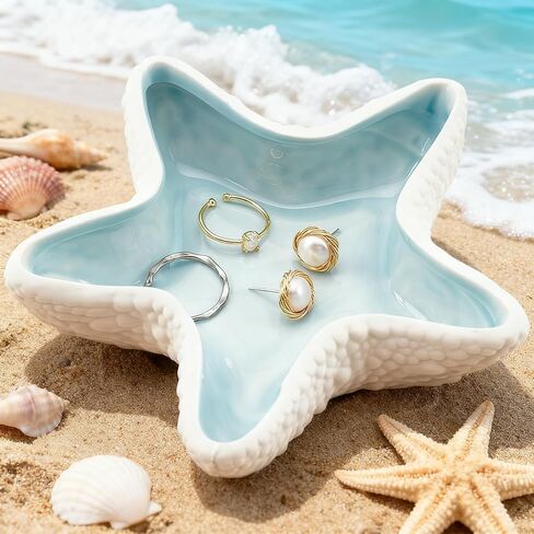 Watercolor Ocean Ring Dish - Ceramic Jewelry Tray Starfish Trinket Dish Coastal Decor Birthday Gifts for Women, Decorative Ring Holder for Mother Daughter Friends Bridesmaid Wedding Gift in Kuwait