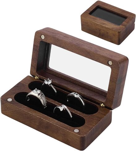 PH PandaHall 2 Slots Walnut Wooden Ring Box Wedding Ring Holder with Window Rings Display Holder Rectangle Bearer Boxes Jewelry Storage Cases for for 2 to 4 Rings Proposal Engagement Anniversary in Kuwait