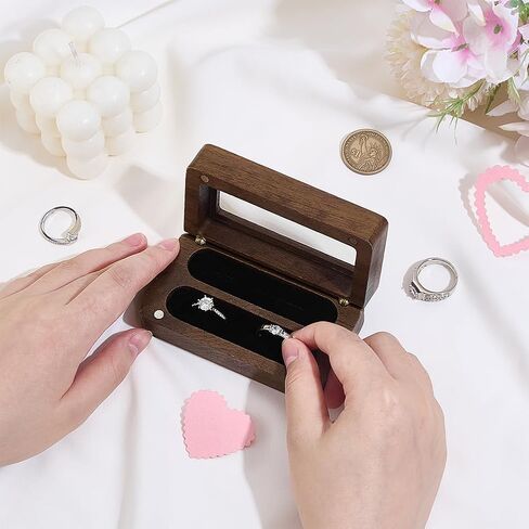 PH PandaHall 2 Slots Walnut Wooden Ring Box Wedding Ring Holder with Window Rings Display Holder Rectangle Bearer Boxes Jewelry Storage Cases for for 2 to 4 Rings Proposal Engagement Anniversary in Kuwait