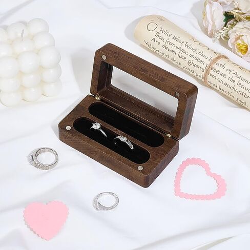 PH PandaHall 2 Slots Walnut Wooden Ring Box Wedding Ring Holder with Window Rings Display Holder Rectangle Bearer Boxes Jewelry Storage Cases for for 2 to 4 Rings Proposal Engagement Anniversary in Kuwait