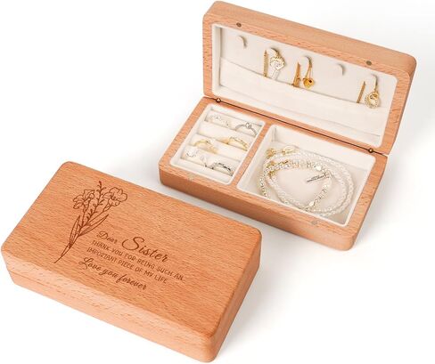 Engraved Wood Jewelry Box for Sisters, Sisters Birthday Gifts from Sister, Natural Beech Wood Velvet Lined Jewelry Organizer Storage, Best Sister Ever Gifts (6.3" L x 3.54''W x 1.57" H) in Saudi Arabia