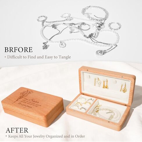 Engraved Wood Jewelry Box for Sisters, Sisters Birthday Gifts from Sister, Natural Beech Wood Velvet Lined Jewelry Organizer Storage, Best Sister Ever Gifts (6.3" L x 3.54''W x 1.57" H) in Saudi Arabia