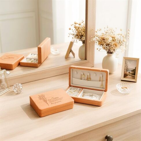 Engraved Wood Jewelry Box for Sisters, Sisters Birthday Gifts from Sister, Natural Beech Wood Velvet Lined Jewelry Organizer Storage, Best Sister Ever Gifts (6.3" L x 3.54''W x 1.57" H) in Saudi Arabia
