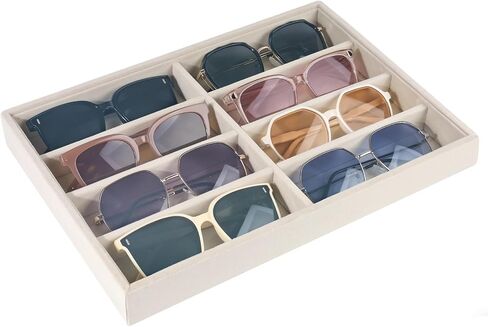 Sunglass Organizer, 8 Grids Beige Velvet Glasses Tray for Eyeglasses Watches Jewelry Display Handmade Craft Storage Box for Home or Shop, Large Capacity 13.8"x9.4" Men Women in Saudi Arabia