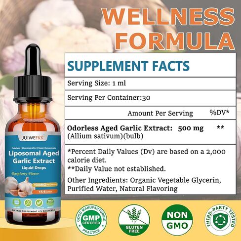 Aged Garlic Extract Liquid Drop 500mg, 15:1 Extract Odorless Organic Garlic Supplement for Heart & Immune Cardiovascular Health, Fast Absorption Liposomal Tech Formula for Men & Women Daily Wellness in Saudi Arabia