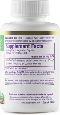 Paradise Herbs Saffr-Tone, Saffron Extract, Active Whole Spectrum Extract, Super Potent, Ultra Pure, Vegan, Non-GMO, Gluten Free, 60 Vegetarian Capsules in Saudi Arabia