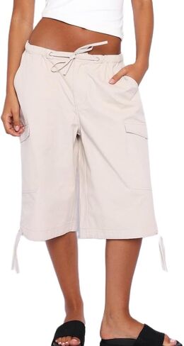 Adoeren Women Y2k Low Rise Drawstring Capri Pants Wide Leg Knee Length Joggers Cropped Sweatpants Bermuda Shorts in Saudi Arabia