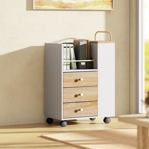 3 Drawer Mobile File Cabinet, Wood Rolling Filing Cabinet with Lockable Wheels, Utility Cart with Open Storage Shelves Home Office Fits A4/Legal, 19.7" x 11.8" x 26.3", Light Walnut in Kuwait