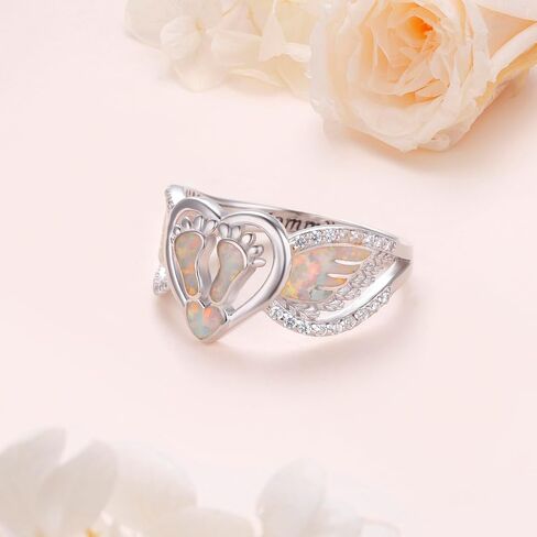 S92 Sterling Silver Opal Angel Wing Ring for Women Mommy of an Angel Memorial Jewelry Gift in Saudi Arabia