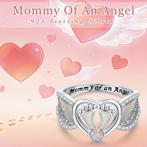 S92 Sterling Silver Opal Angel Wing Ring for Women Mommy of an Angel Memorial Jewelry Gift in Saudi Arabia