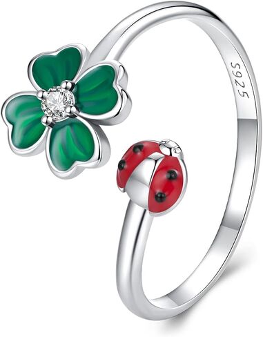 Shysnow Sterling Silver 925 Four Leaf Clover Ring St Patricks Day Gifts Bee Dragonfly Butterfly Animal Open Adjustable Ring Flower Jewelry for Women in Saudi Arabia