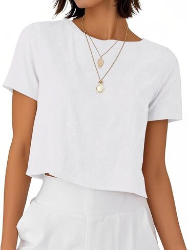 Linen Shirts for Women Spring Summer Short Sleeve Crewneck Casual Vacation Beach Blouses Cropped Tops in Kuwait