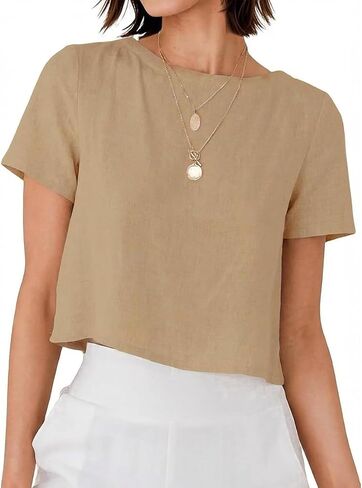 Linen Shirts for Women Spring Summer Short Sleeve Crewneck Casual Vacation Beach Blouses Cropped Tops in Saudi Arabia