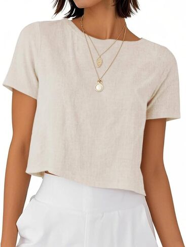 Linen Shirts for Women Spring Summer Short Sleeve Crewneck Casual Vacation Beach Blouses Cropped Tops in Kuwait