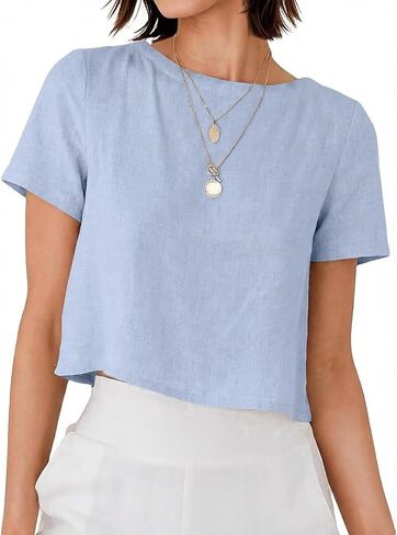 Linen Shirts for Women Spring Summer Short Sleeve Crewneck Casual Vacation Beach Blouses Cropped Tops in Kuwait