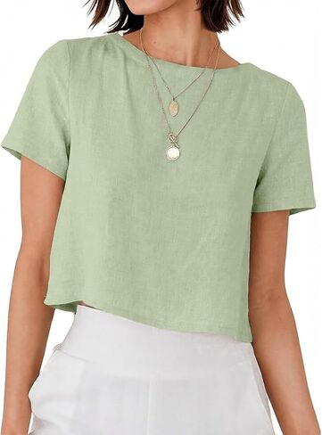 Linen Shirts for Women Spring Summer Short Sleeve Crewneck Casual Vacation Beach Blouses Cropped Tops in Kuwait