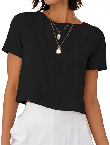 Linen Shirts for Women Spring Summer Short Sleeve Crewneck Casual Vacation Beach Blouses Cropped Tops in Kuwait