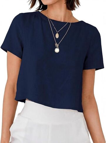Linen Shirts for Women Spring Summer Short Sleeve Crewneck Casual Vacation Beach Blouses Cropped Tops in Kuwait