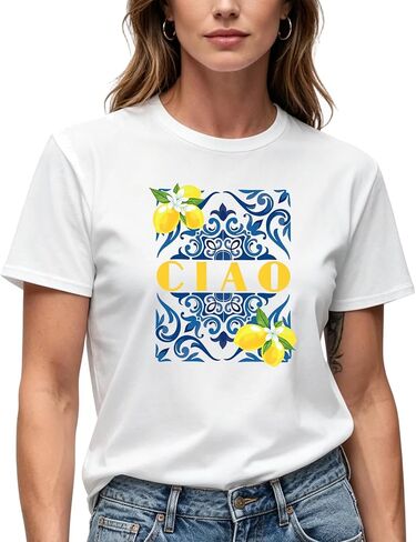 Women's CIAO Graphic T-Shirt, Cream, Italian Tile Lemon Print, Short Sleeve, Casual Summer Tee in Kuwait