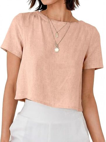 Linen Shirts for Women Spring Summer Short Sleeve Crewneck Casual Vacation Beach Blouses Cropped Tops in Kuwait