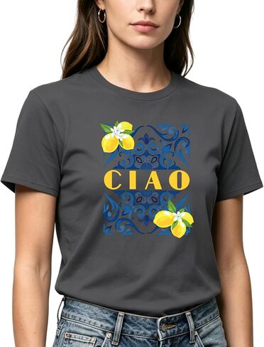 Women's CIAO Graphic T-Shirt, Cream, Italian Tile Lemon Print, Short Sleeve, Casual Summer Tee in Kuwait