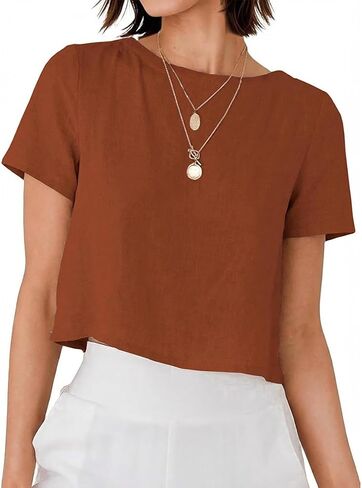 Linen Shirts for Women Spring Summer Short Sleeve Crewneck Casual Vacation Beach Blouses Cropped Tops in Kuwait