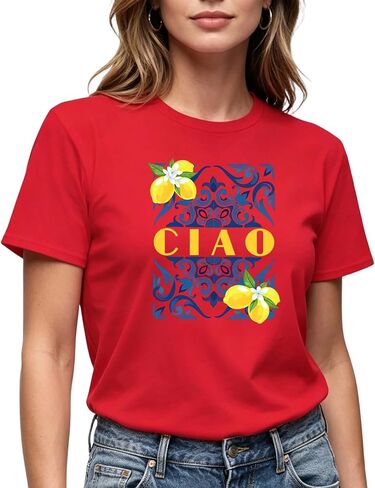 Women's CIAO Graphic T-Shirt, Cream, Italian Tile Lemon Print, Short Sleeve, Casual Summer Tee in Kuwait