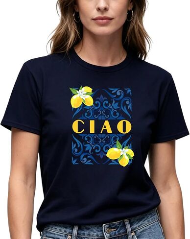 Women's CIAO Graphic T-Shirt, Cream, Italian Tile Lemon Print, Short Sleeve, Casual Summer Tee in Kuwait