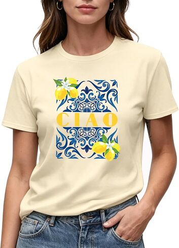 Women's CIAO Graphic T-Shirt, Cream, Italian Tile Lemon Print, Short Sleeve, Casual Summer Tee in Kuwait