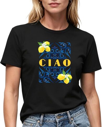 Women's CIAO Graphic T-Shirt, Cream, Italian Tile Lemon Print, Short Sleeve, Casual Summer Tee in Kuwait