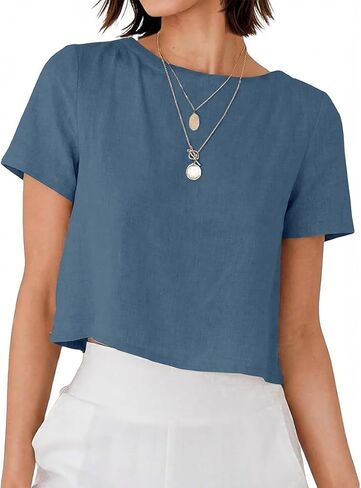 Linen Shirts for Women Spring Summer Short Sleeve Crewneck Casual Vacation Beach Blouses Cropped Tops in Kuwait